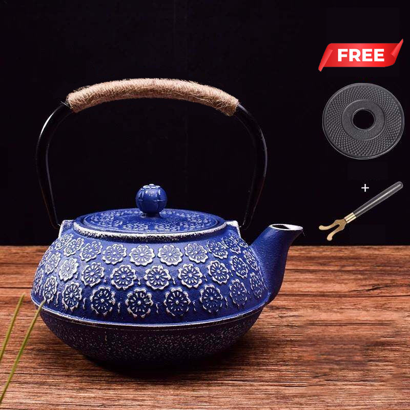 Vintage Blue Cherry Blossom Cast Iron Teapot with Infuser