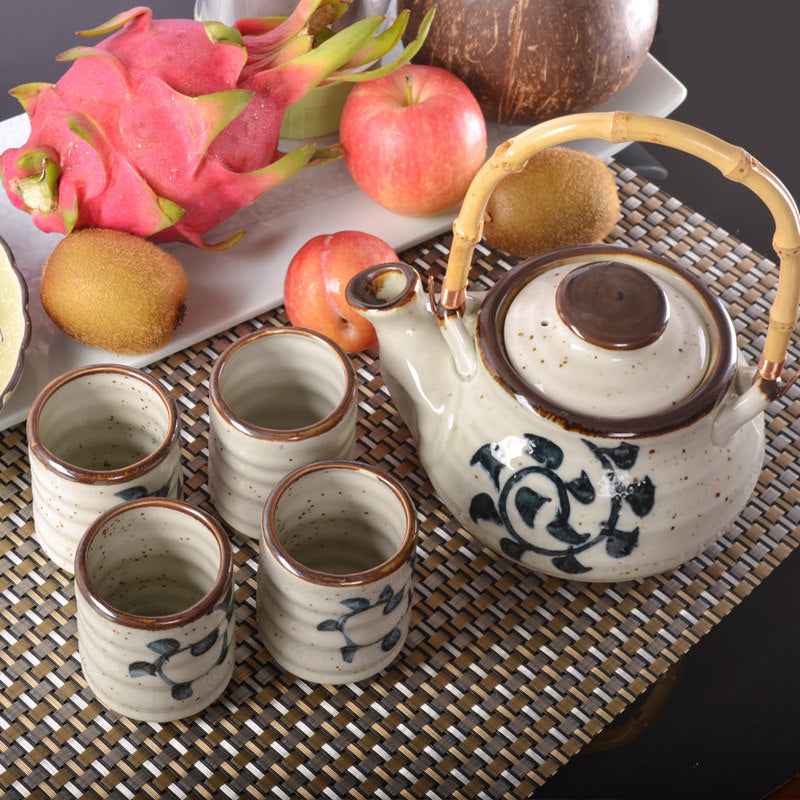 Japanese Wabi-Sabi Ceramic Tea Set with Bamboo Handle