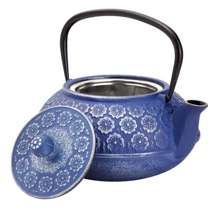 Vintage Blue Cherry Blossom Cast Iron Teapot with Infuser