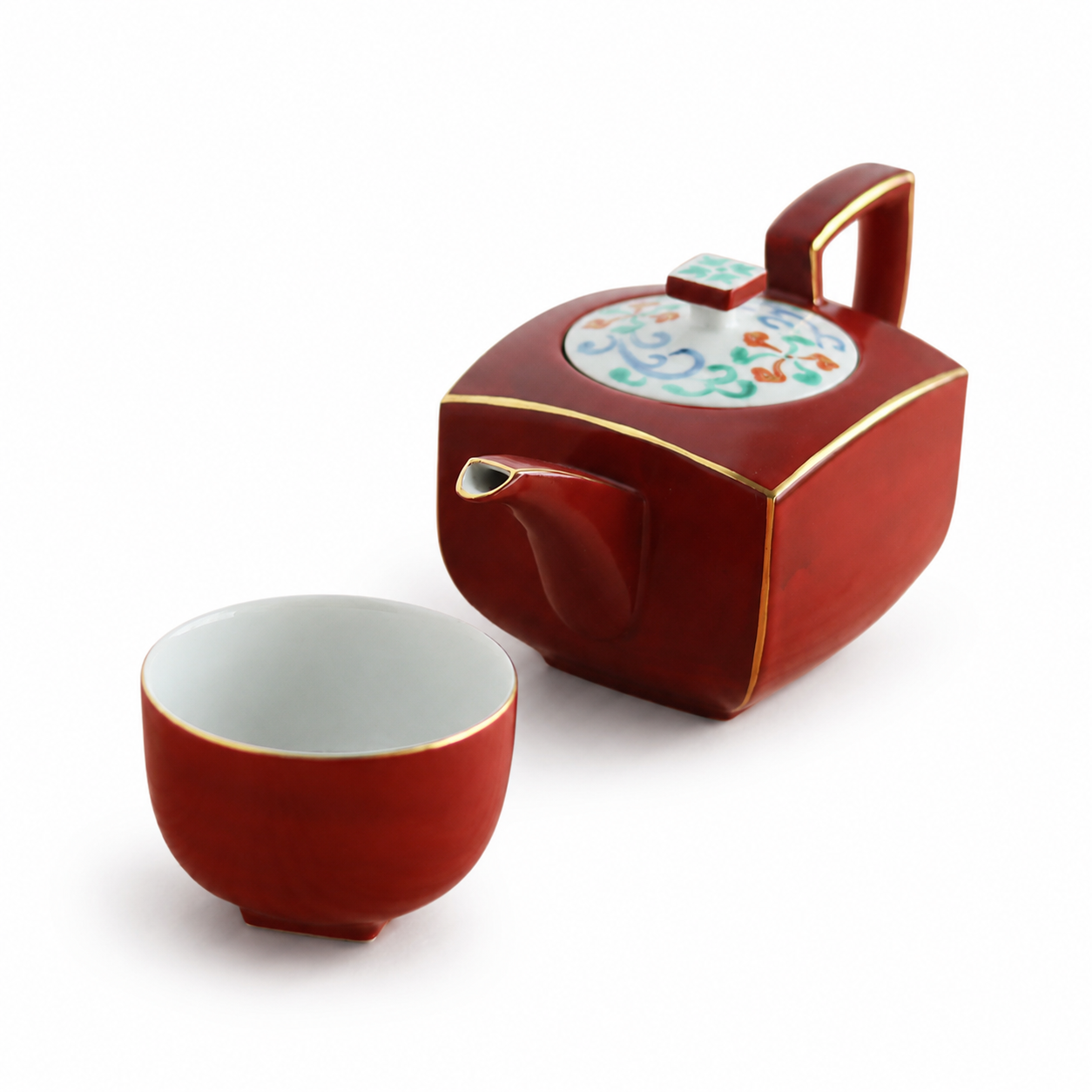 Japanese Mino Ware Aka-e Vermilion Teapot & Cup Set