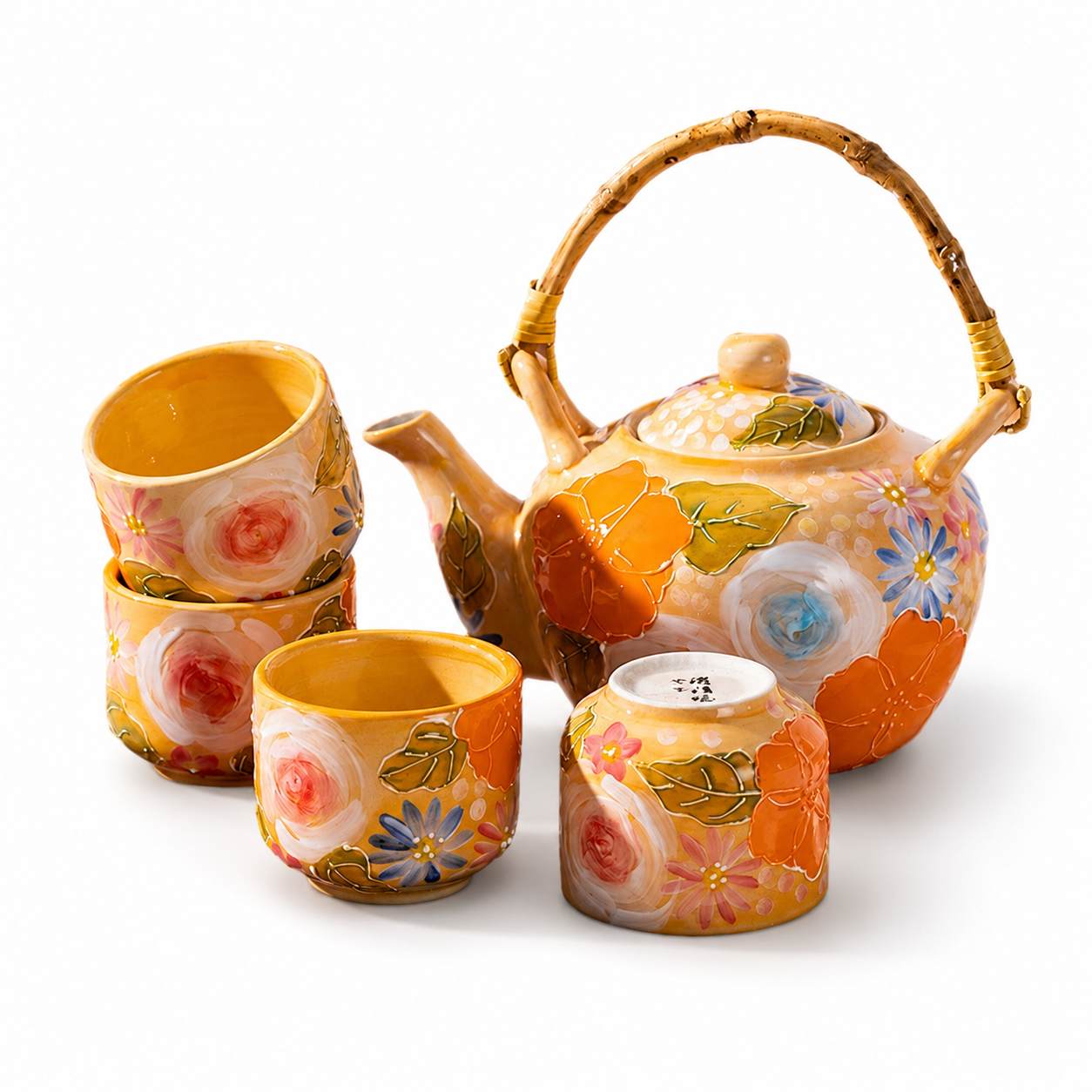 Japanese Floral Ceramic Tea Set with Bamboo Handle & Wooden Tray