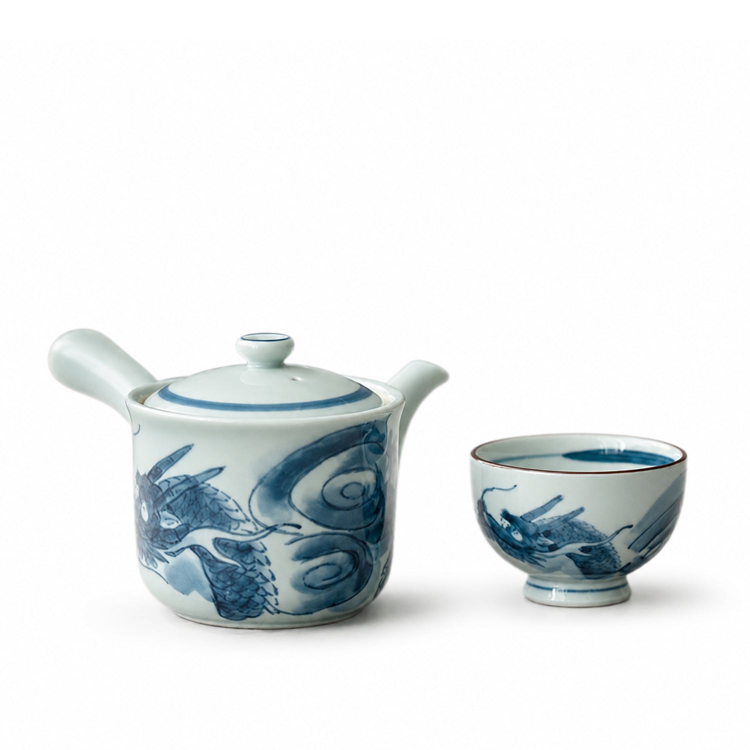 Longyao Blue Floral Side-Handle Ceramic Tea Set