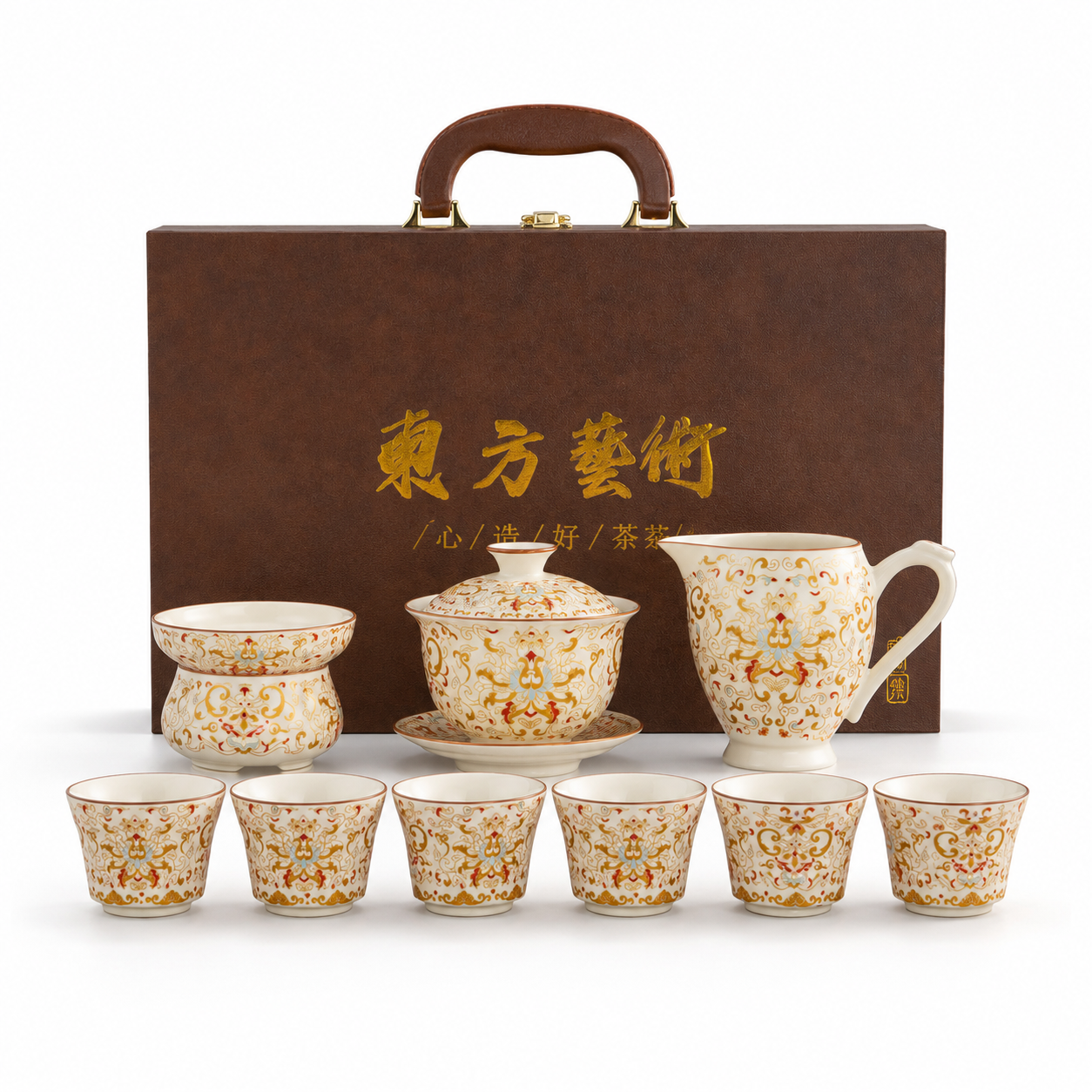 Chinese Beige Floral Ceramic Gongfu Tea Set with Wooden Gift Box