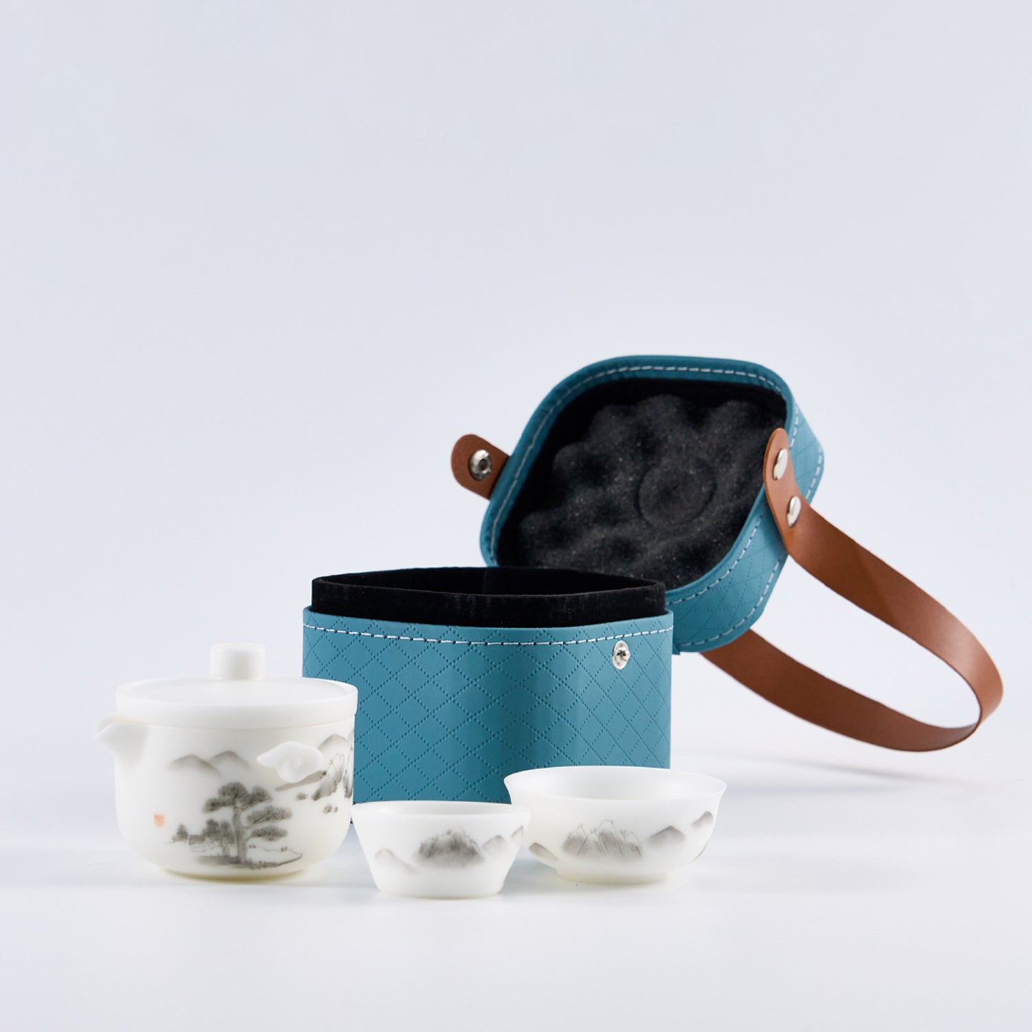 Icy-Glaze Hand-Painted Landscape Travel Tea Set