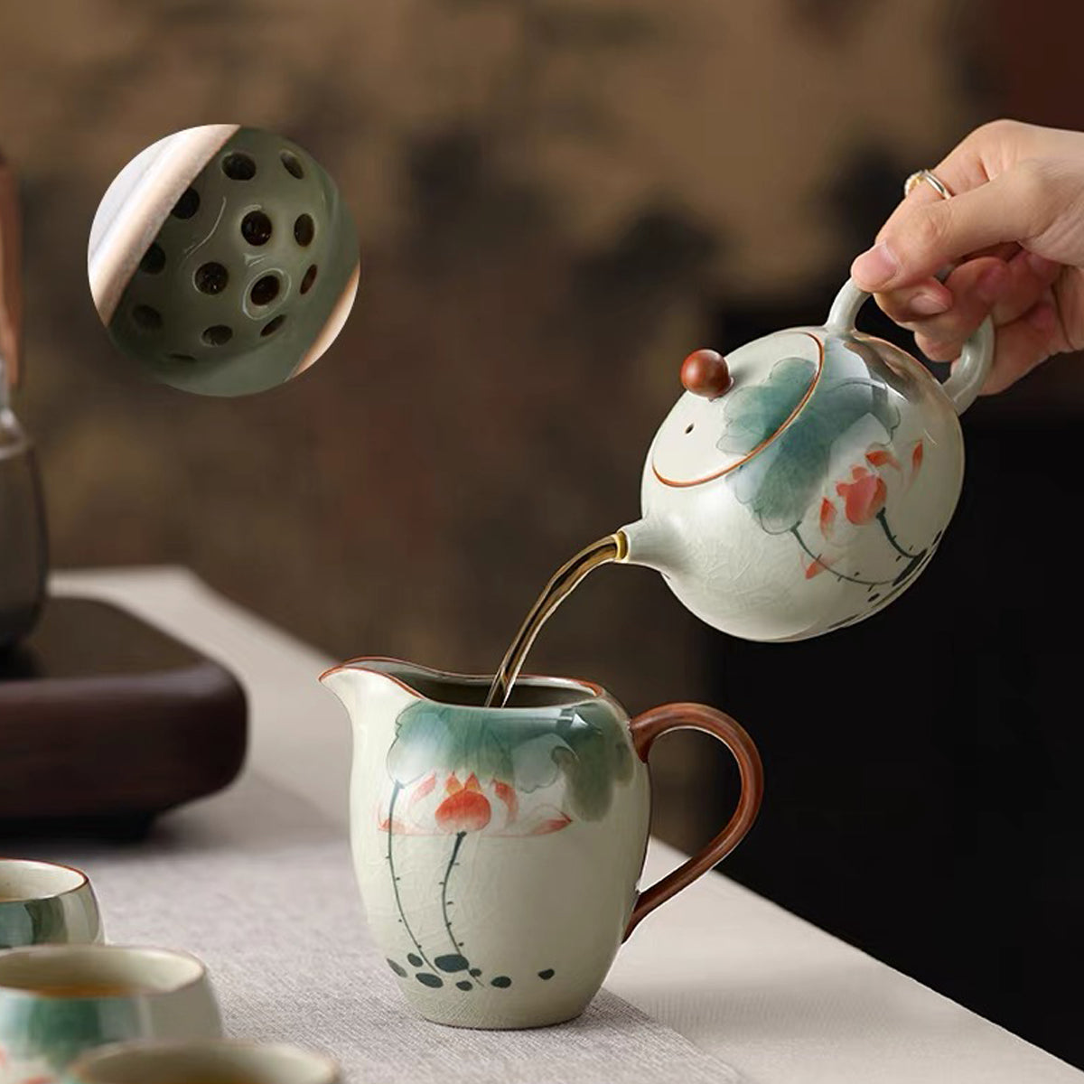 Hand-Painted-Style Lotus Gongfu Tea Set
