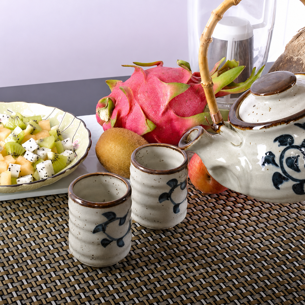 Japanese Wabi-Sabi Ceramic Tea Set with Bamboo Handle