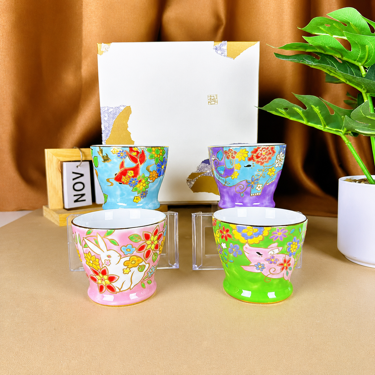 Japanese Kutani-Yaki Hand-Painted Tea Cup Gift Set