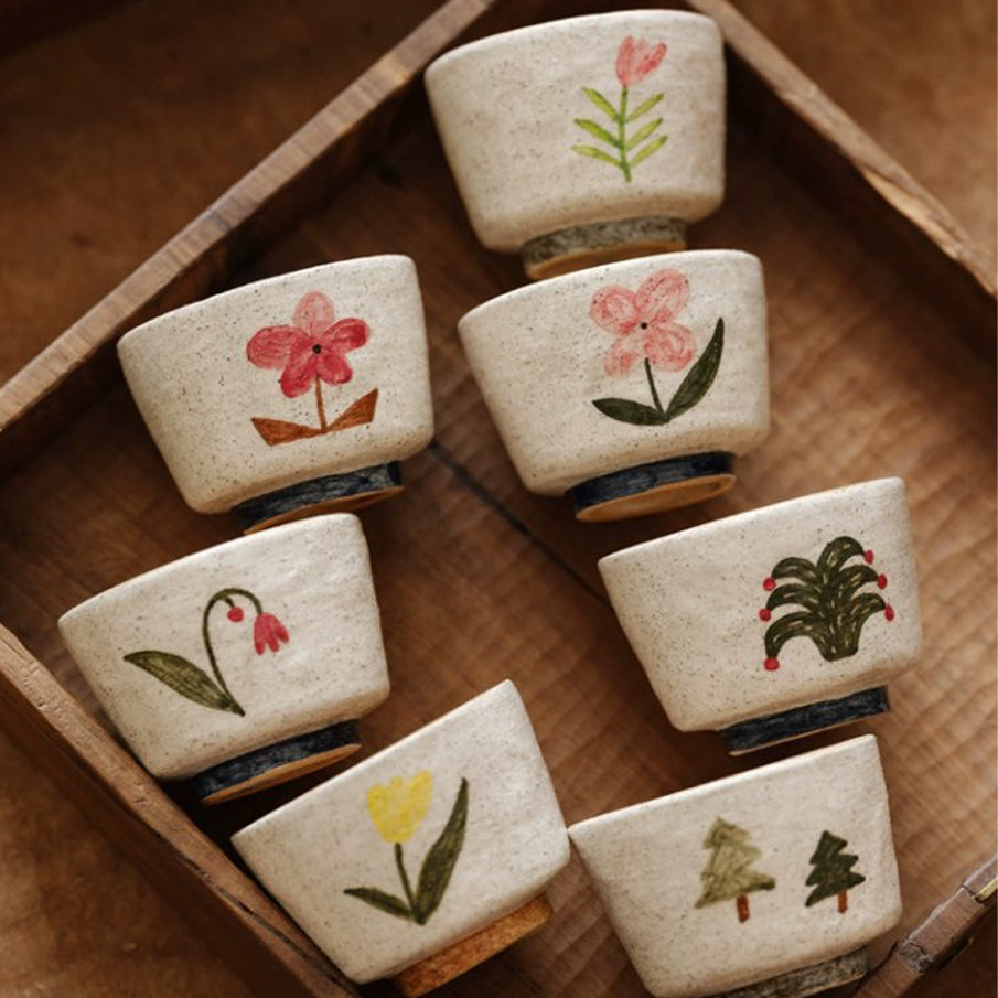 Hand-Painted Botanical Pink-Slip Ceramic Tea Cup