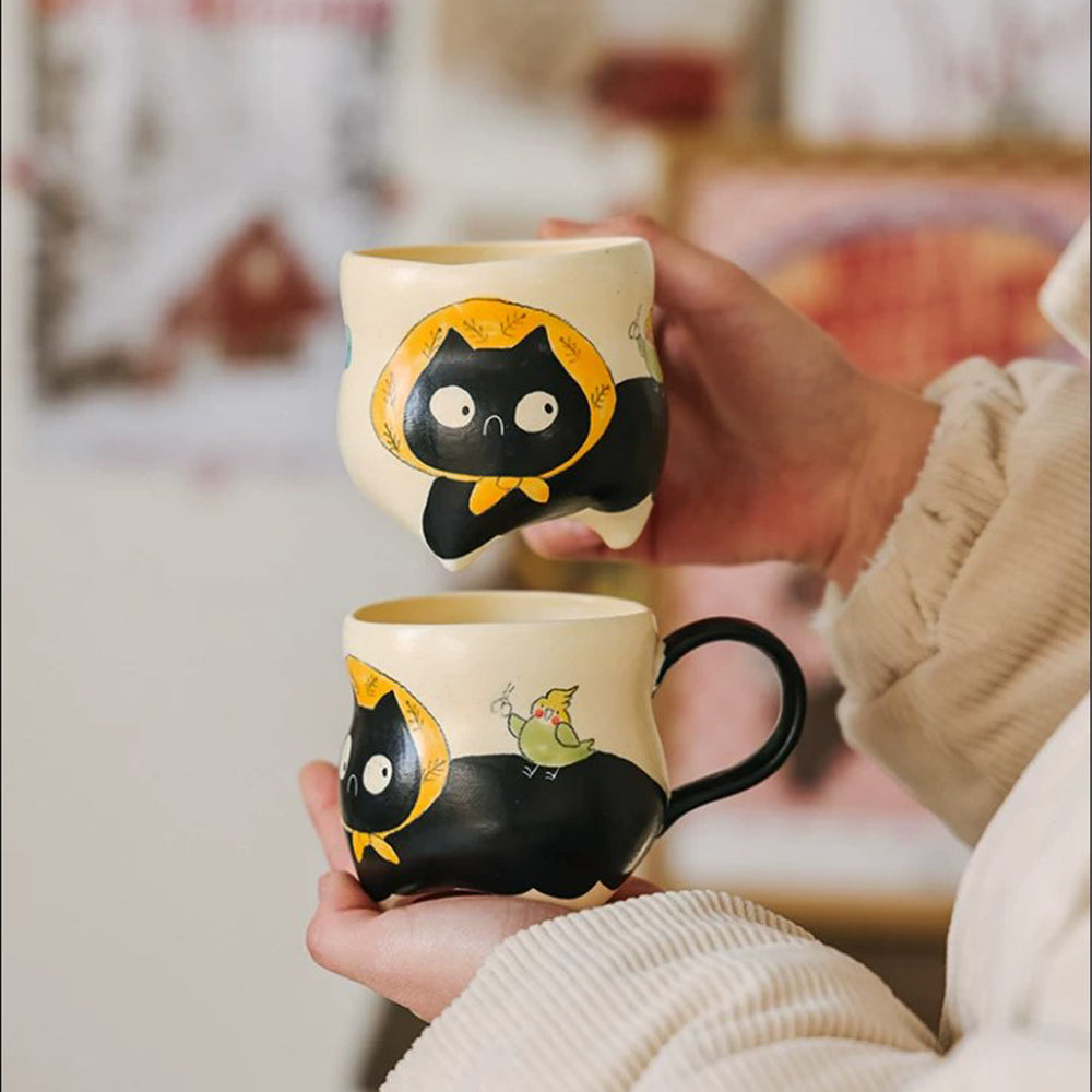Hand-Painted Black Cat Ceramic Mug with Tail Handle