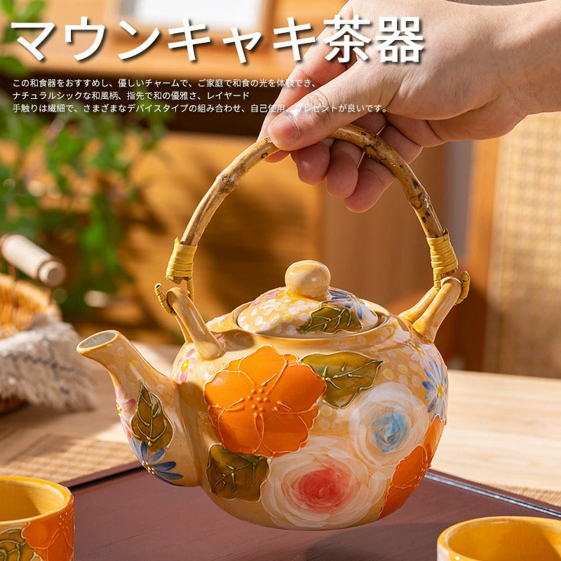 Japanese Floral Ceramic Tea Set with Bamboo Handle & Wooden Tray
