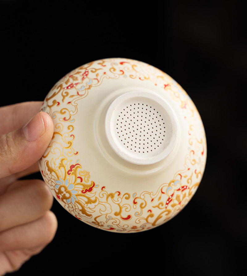 Chinese Beige Floral Ceramic Gongfu Tea Set with Wooden Gift Box