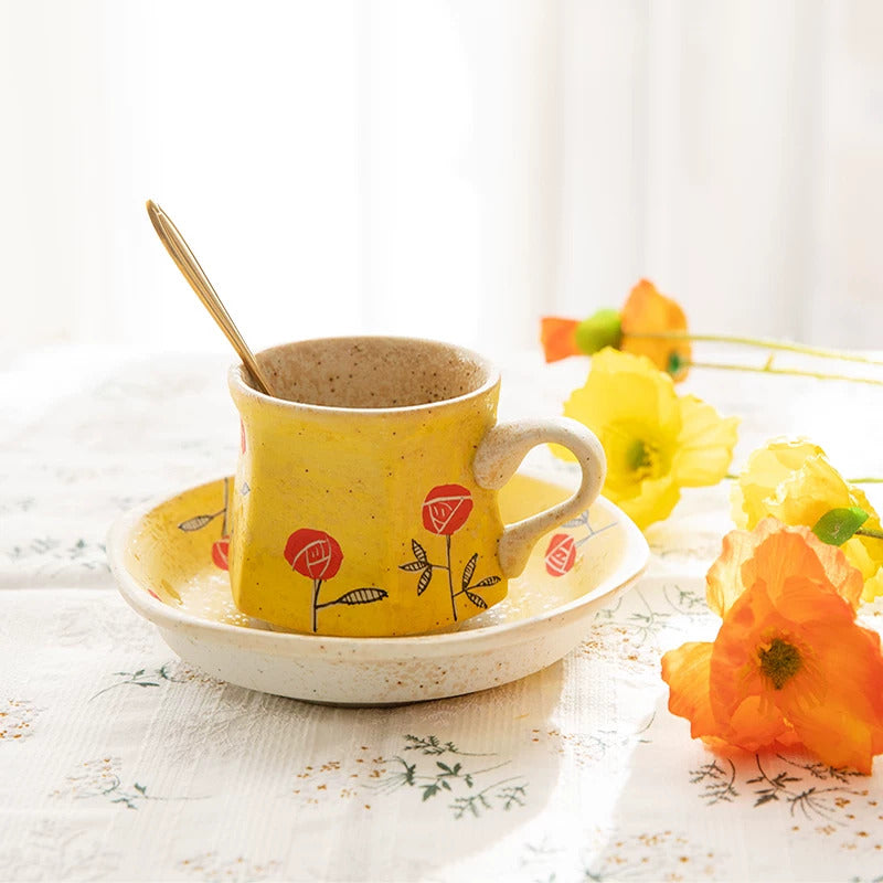 Hand-Painted Arita-Yaki Yellow Rose Cup & Saucer Set