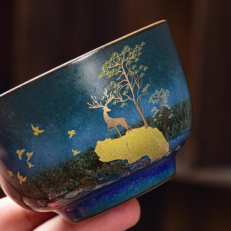 Chinese Blue Glaze Deer Landscape Gongfu Tea Cup Set