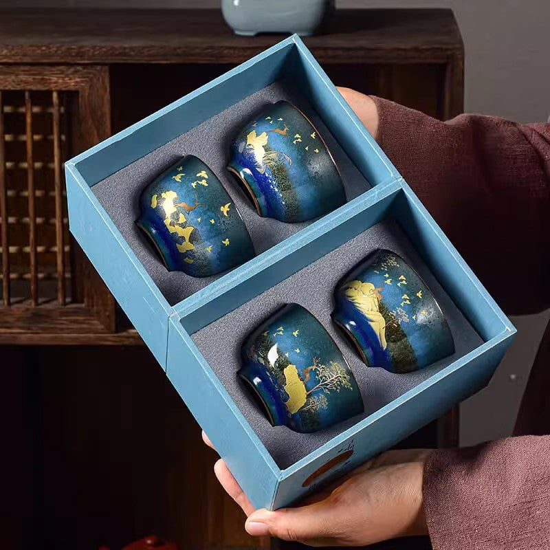 Chinese Blue Glaze Deer Landscape Gongfu Tea Cup Set