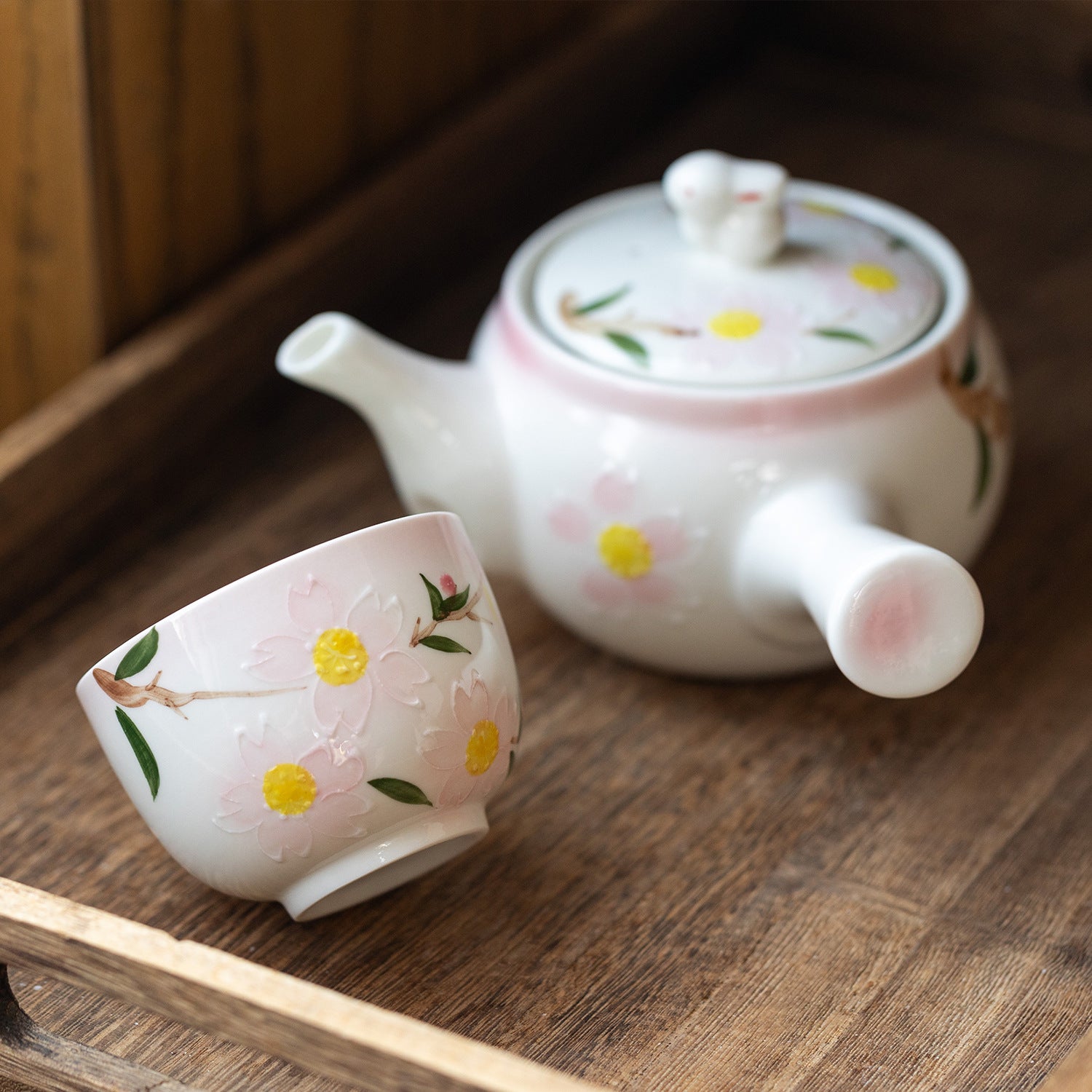 Japanese Rabbit Cherry Blossom Ceramic Kyusu Tea Set