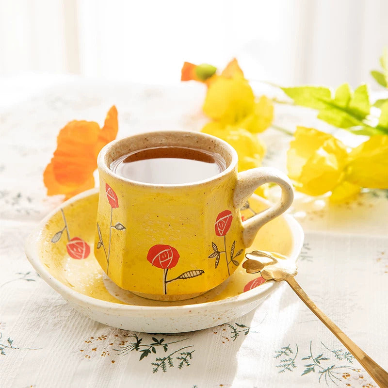 Hand-Painted Arita-Yaki Yellow Rose Cup & Saucer Set