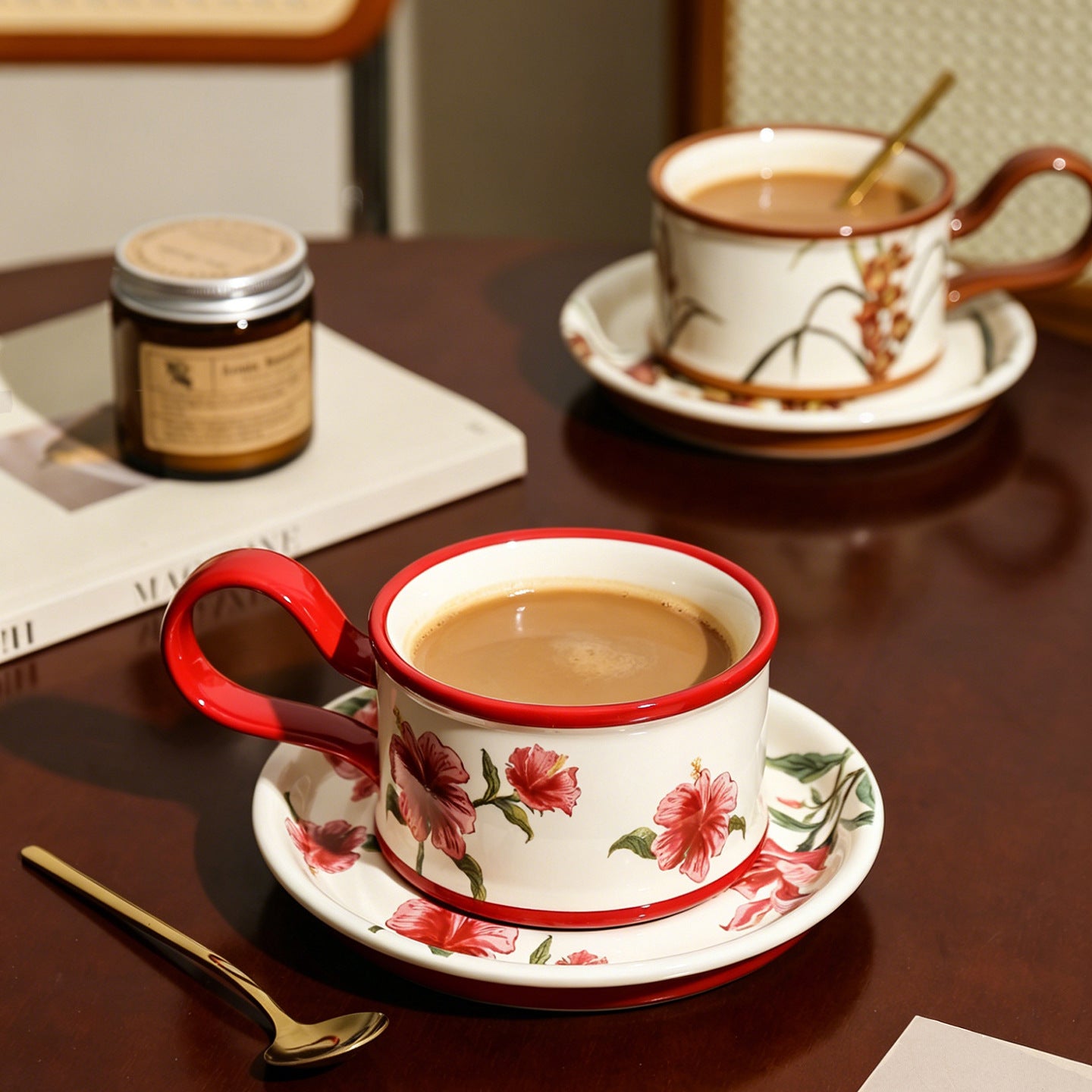 Japanese-Inspired Vintage Floral Ceramic Mug Set