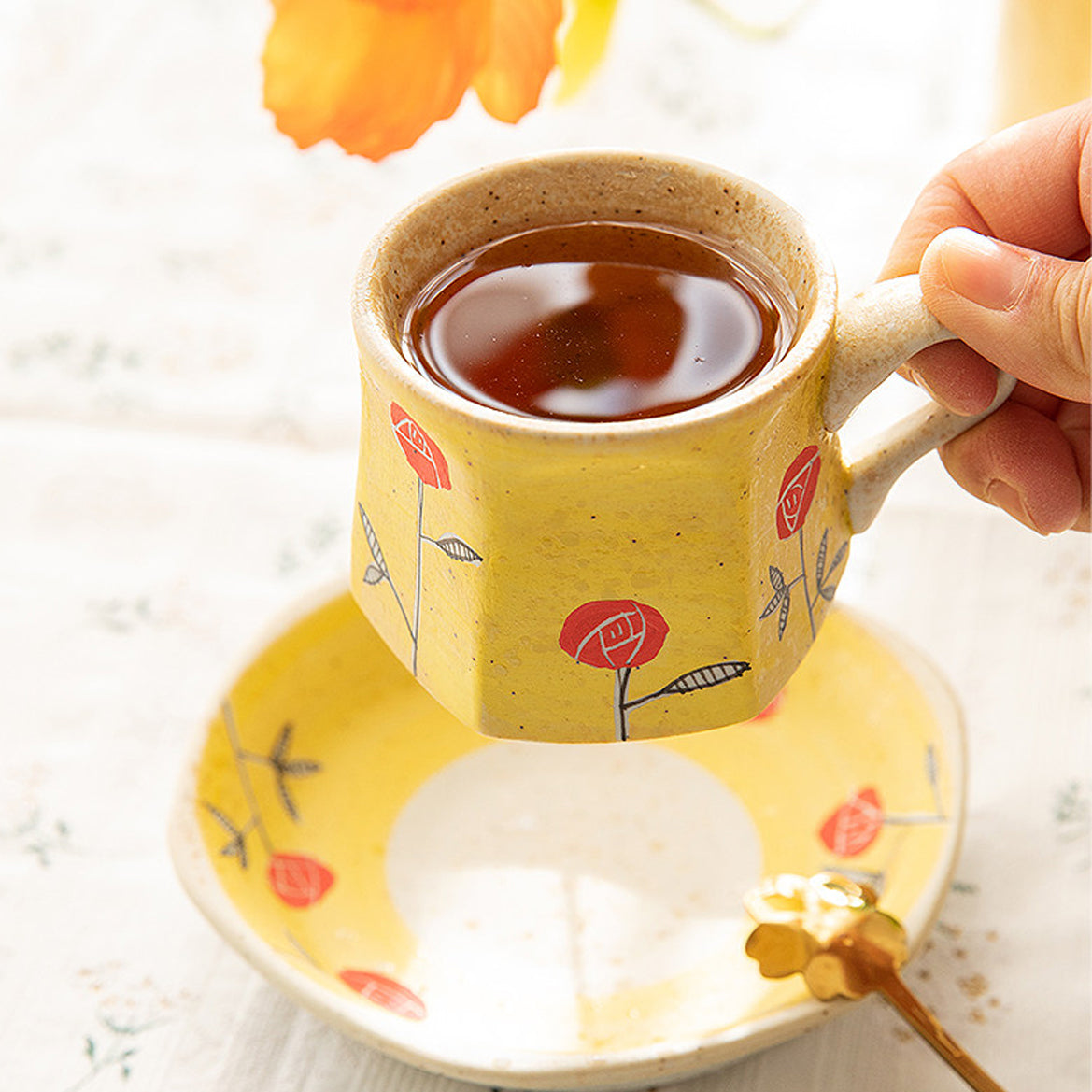 Hand-Painted Arita-Yaki Yellow Rose Cup & Saucer Set