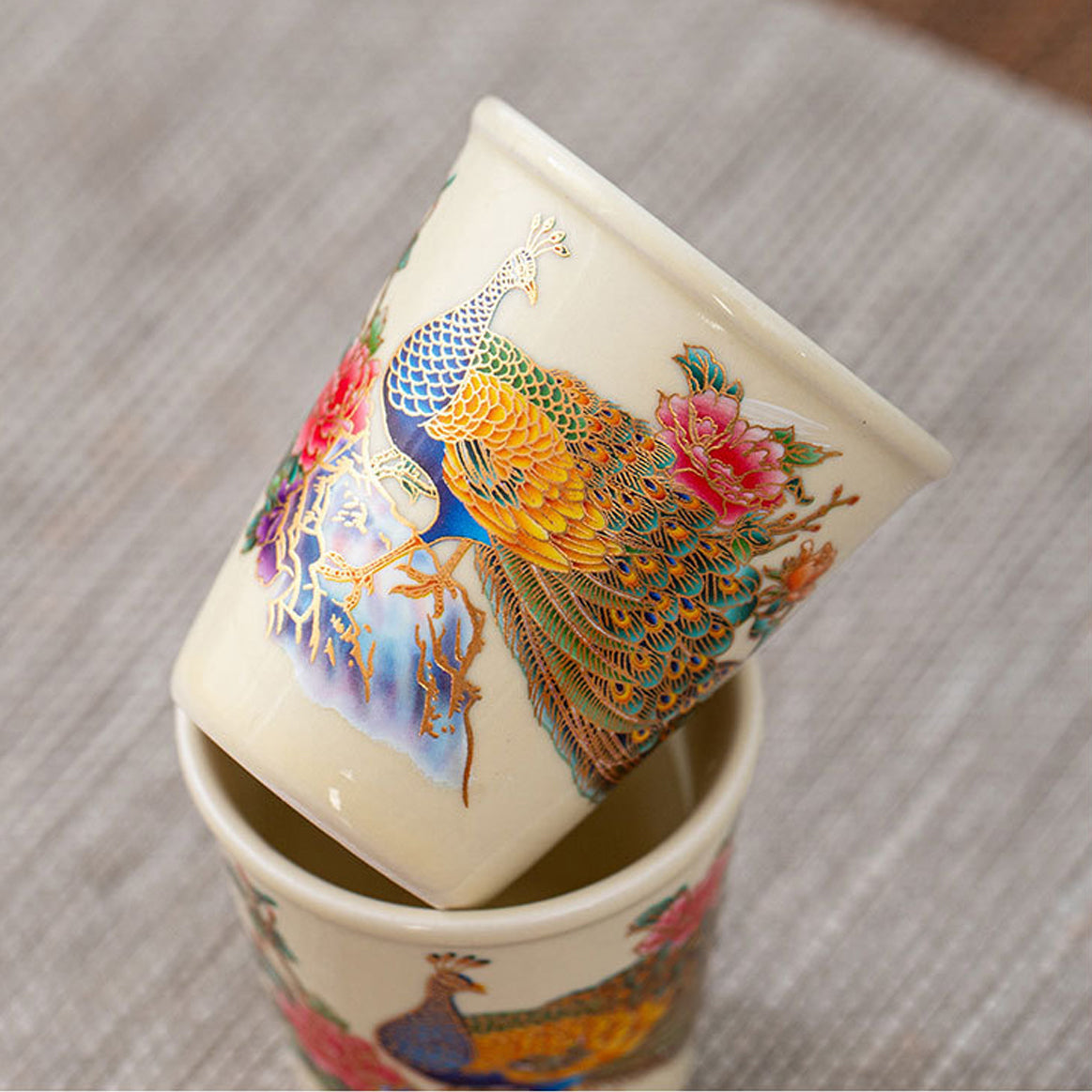 Tang Dynasty-Inspired Peacock & Peony Gongfu Tea Cup Set