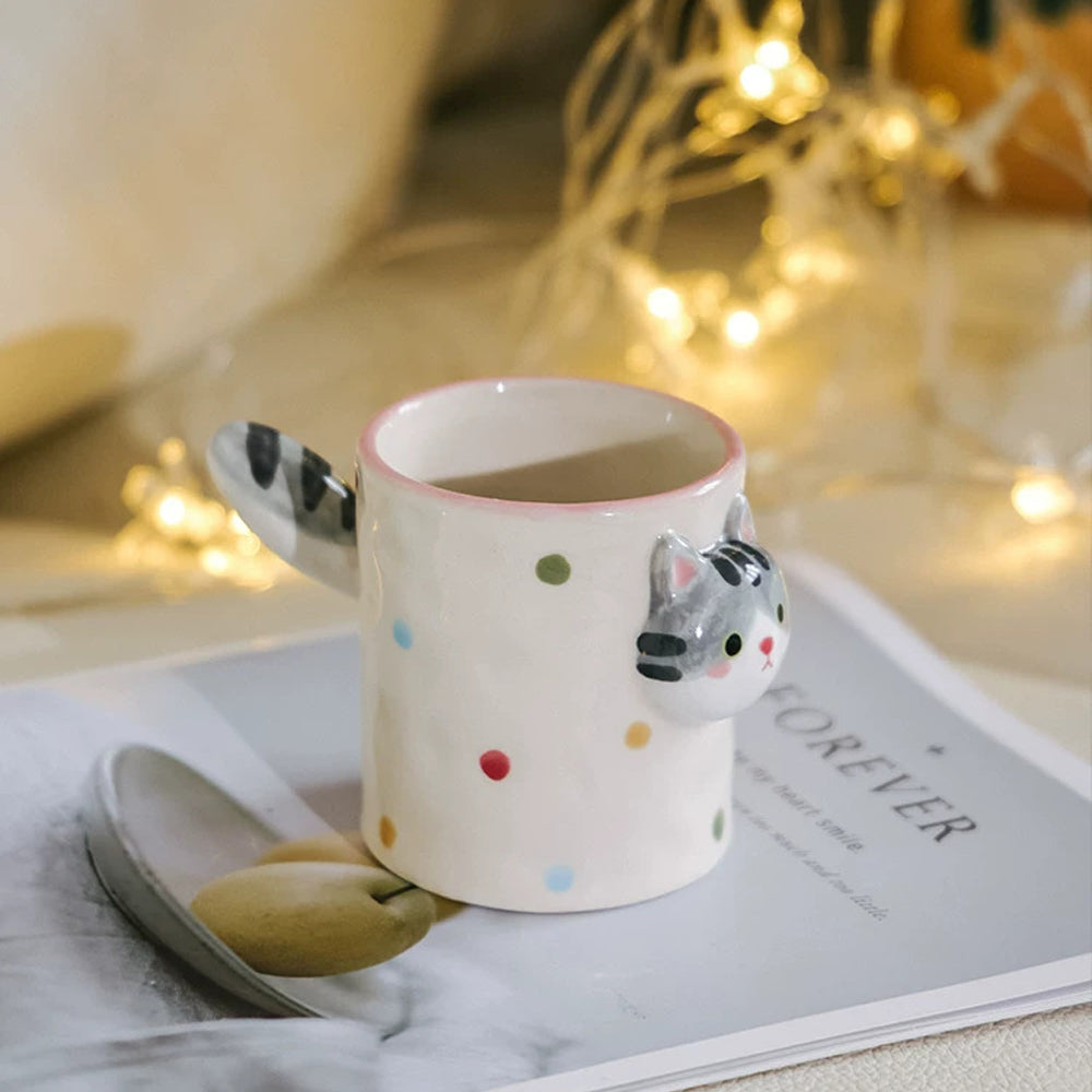 Handcrafted Ceramic Cat Mug with 3D Tail Handle