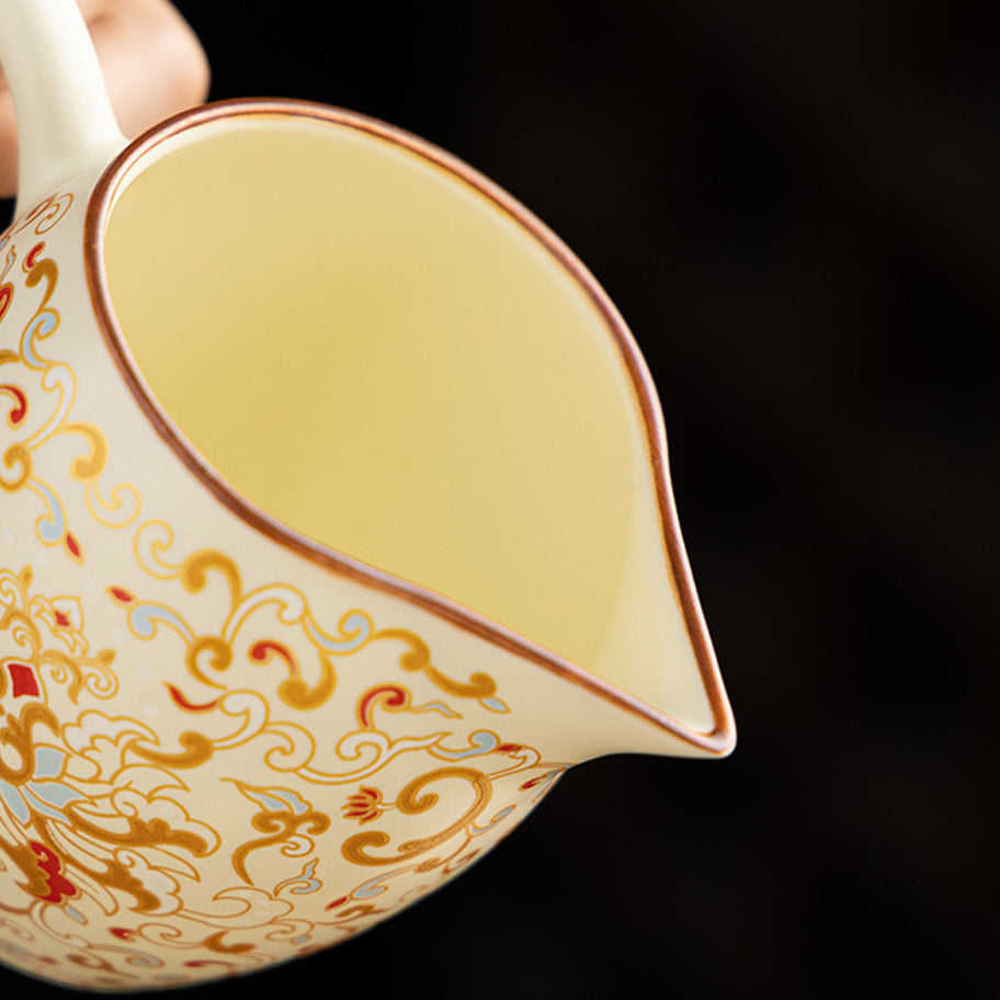 Chinese Beige Floral Ceramic Gongfu Tea Set with Wooden Gift Box