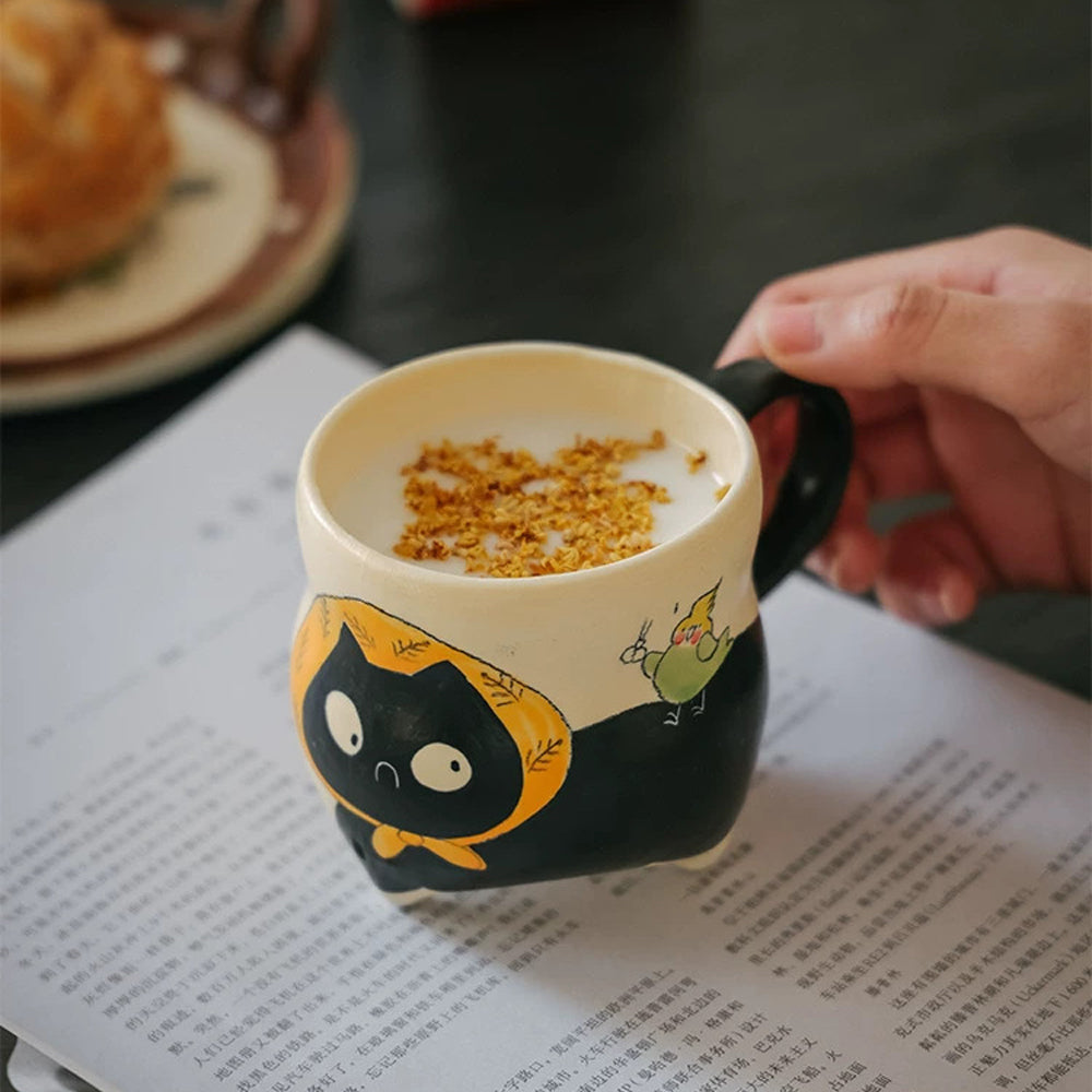 Hand-Painted Black Cat Ceramic Mug with Tail Handle