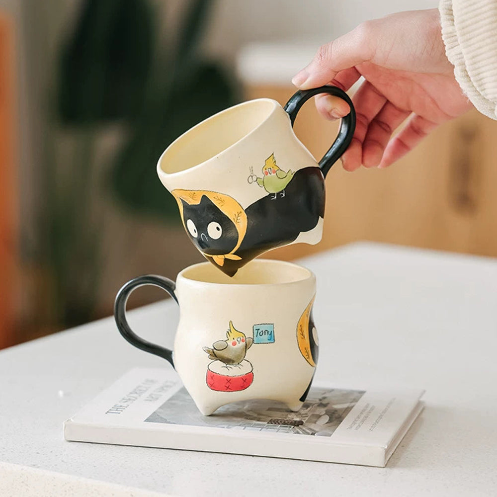 Hand-Painted Black Cat Ceramic Mug with Tail Handle