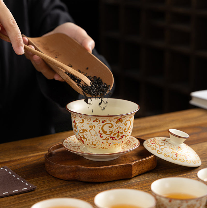 Chinese Beige Floral Ceramic Gongfu Tea Set with Wooden Gift Box