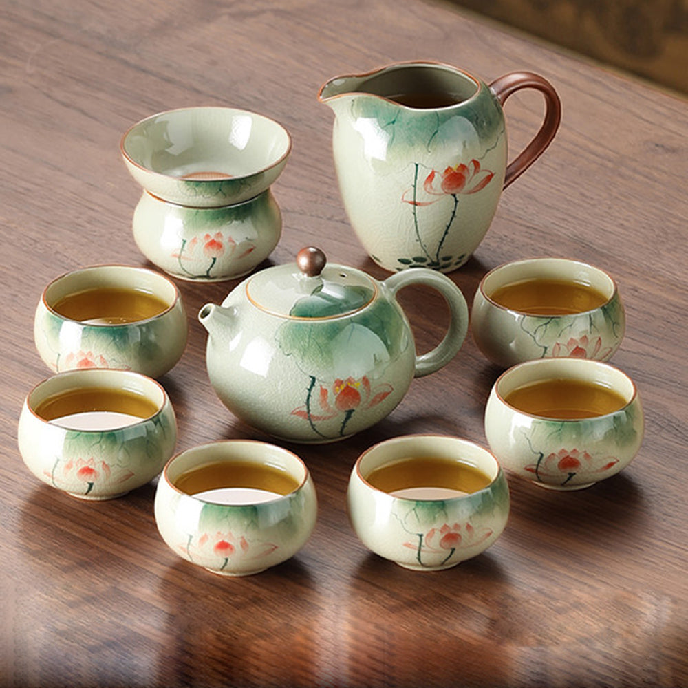 Hand-Painted-Style Lotus Gongfu Tea Set