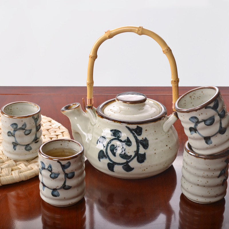 Japanese Wabi-Sabi Ceramic Tea Set with Bamboo Handle