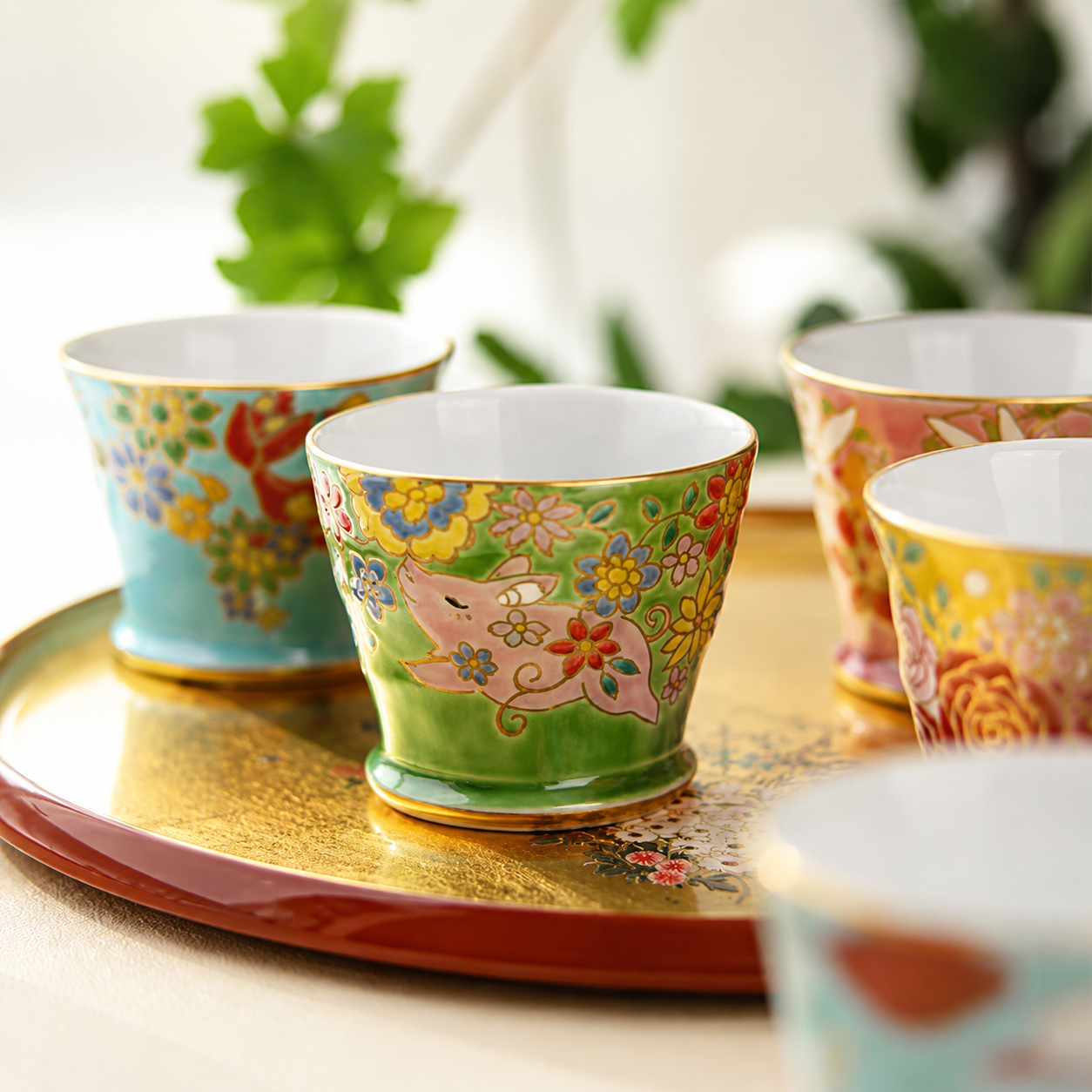 Japanese Kutani-Yaki Hand-Painted Tea Cup Gift Set