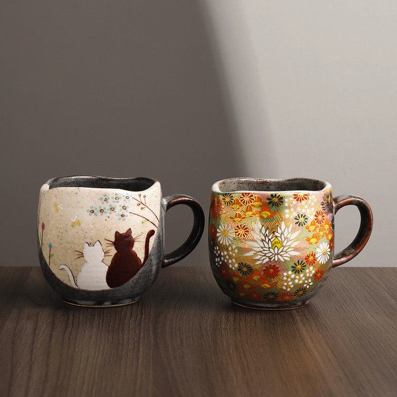 Kutani-Inspired Hand-Painted Floral & Cat Ceramic Mug Set