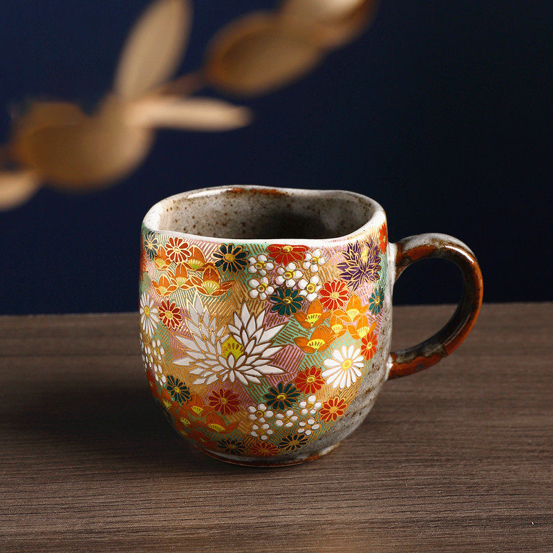 Kutani-Inspired Hand-Painted Floral & Cat Ceramic Mug Set
