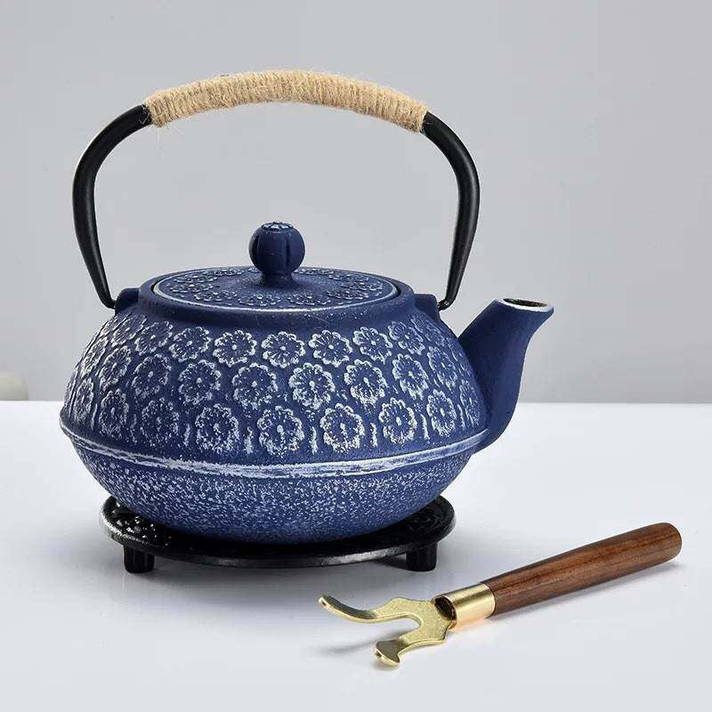 Vintage Blue Cherry Blossom Cast Iron Teapot with Infuser