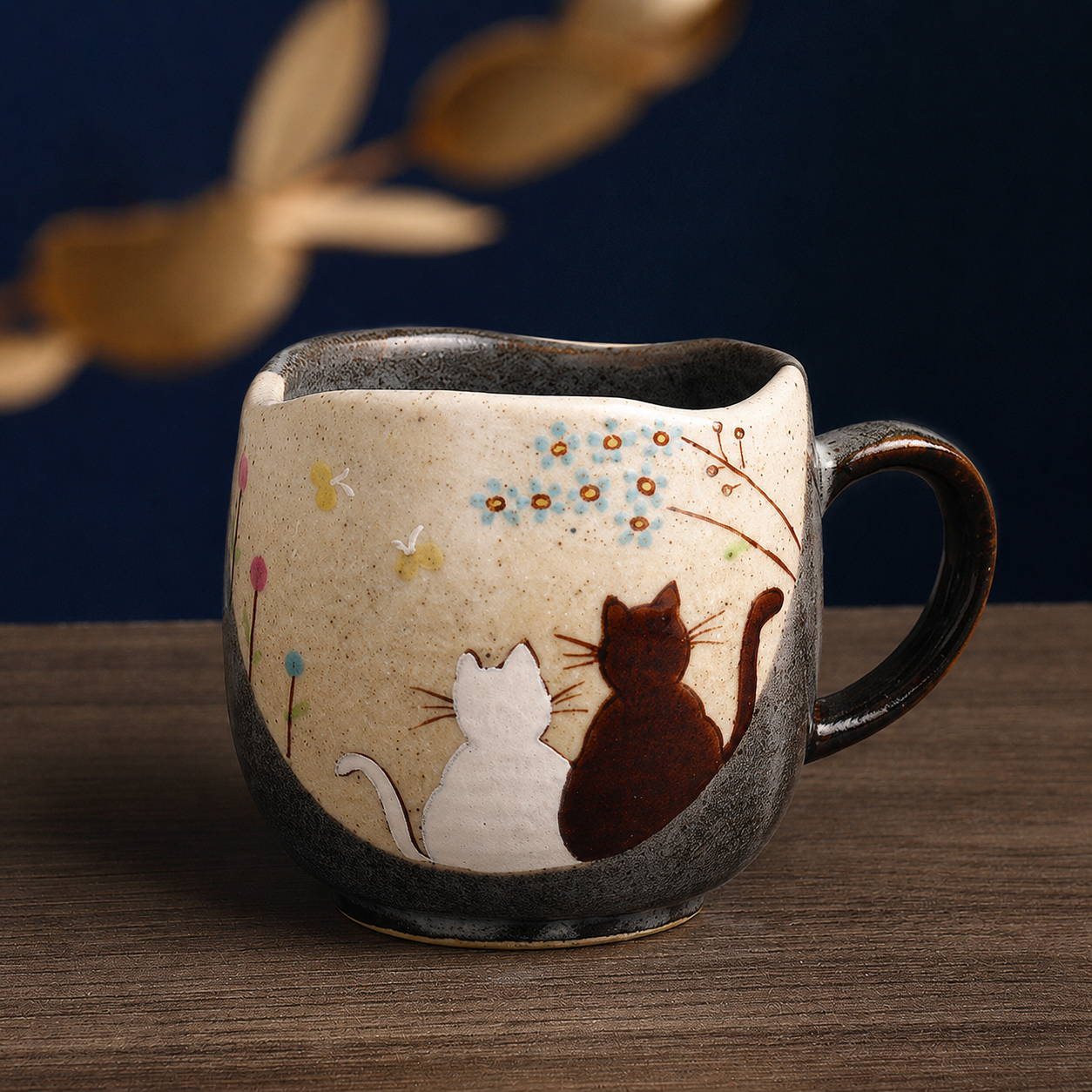 Kutani-Inspired Hand-Painted Floral & Cat Ceramic Mug Set