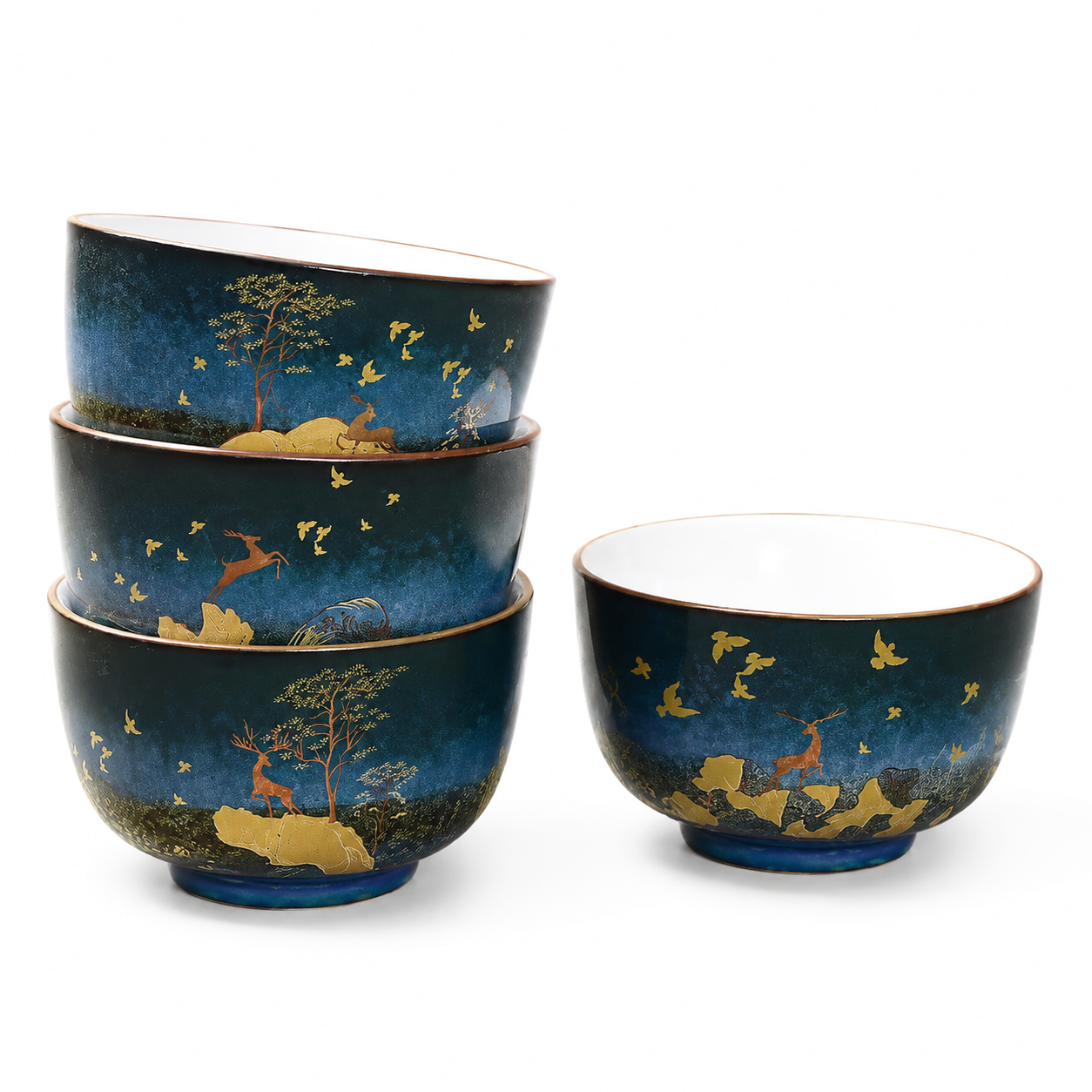 Chinese Blue Glaze Deer Landscape Gongfu Tea Cup Set