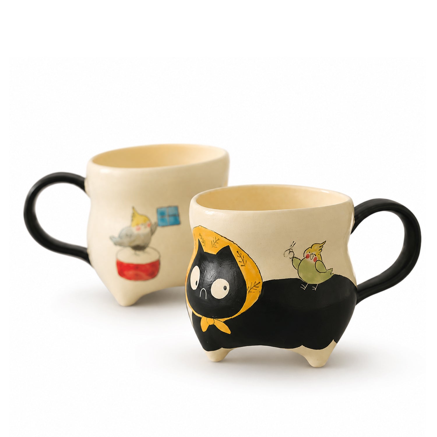 Hand-Painted Black Cat Ceramic Mug with Tail Handle
