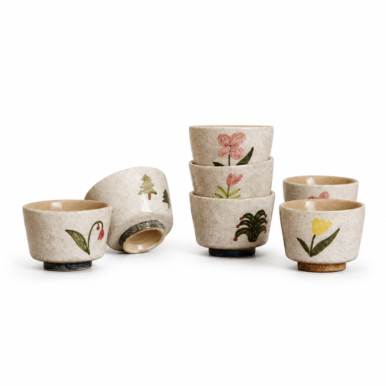 Hand-Painted Botanical Pink-Slip Ceramic Tea Cup