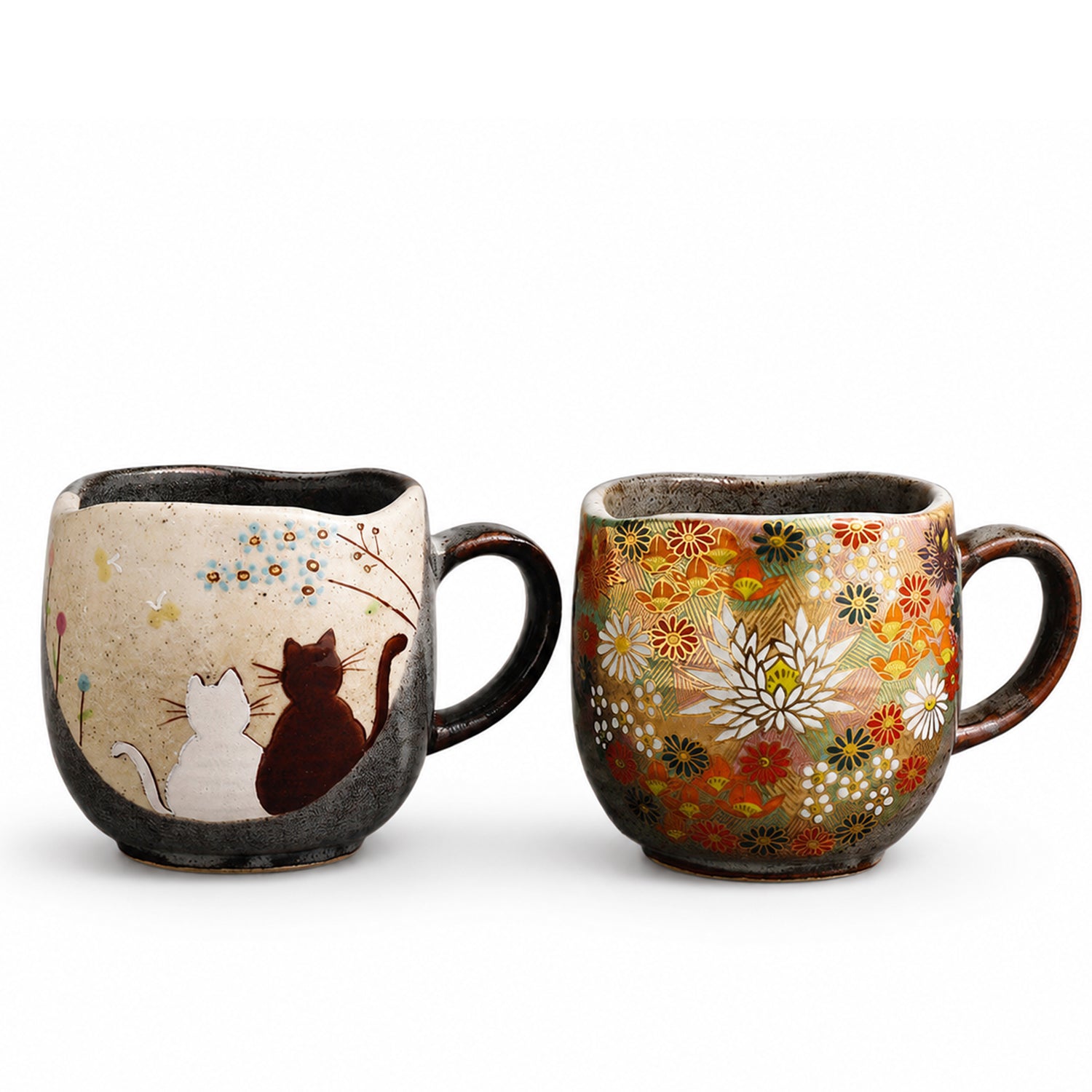 Kutani-Inspired Hand-Painted Floral & Cat Ceramic Mug Set