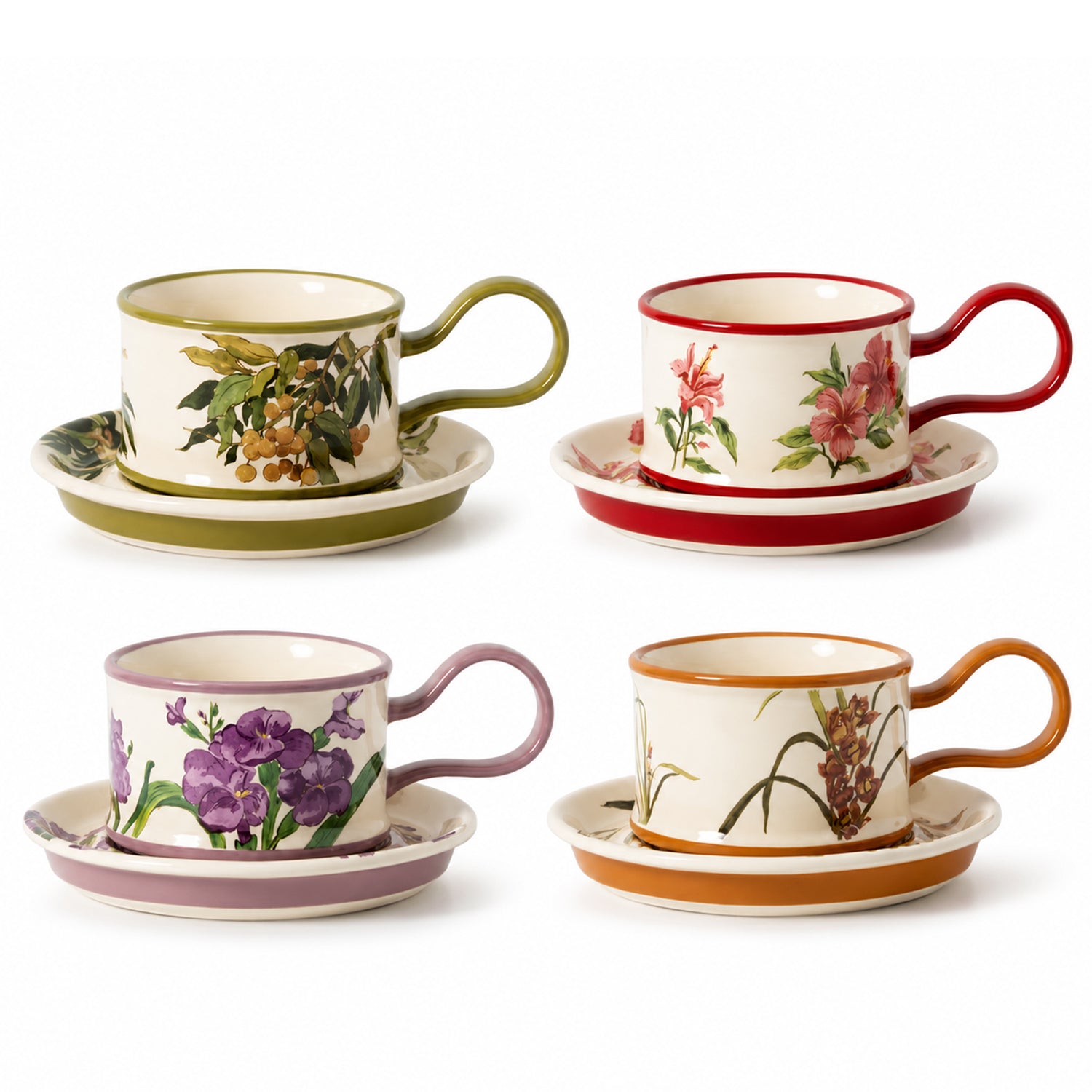 Japanese-Inspired Vintage Floral Ceramic Mug Set