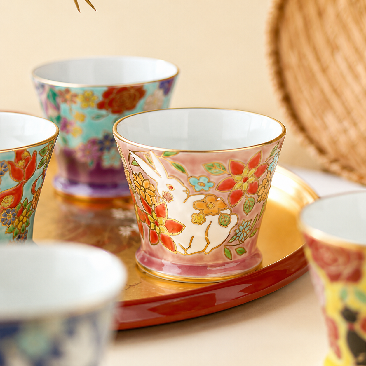 Japanese Kutani-Yaki Hand-Painted Tea Cup Gift Set