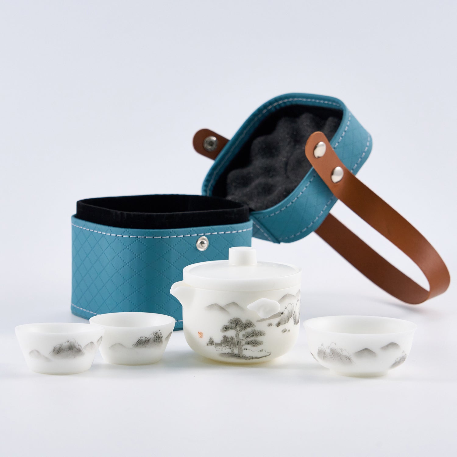 Icy-Glaze Hand-Painted Landscape Travel Tea Set