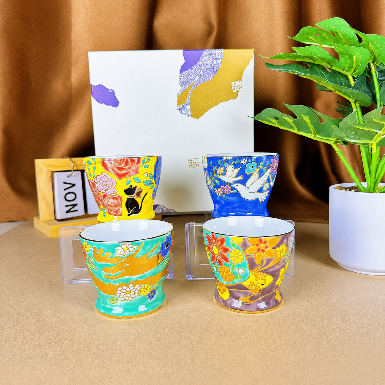Japanese Kutani-Yaki Hand-Painted Tea Cup Gift Set