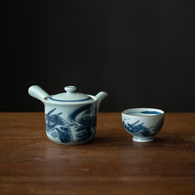 Longyao Blue Floral Side-Handle Ceramic Tea Set