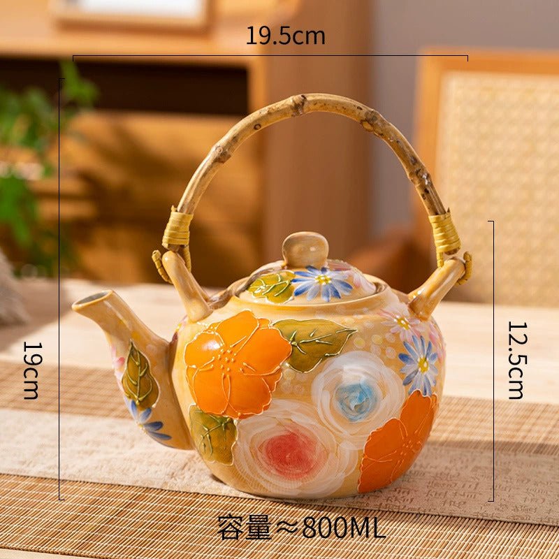 Japanese Floral Ceramic Tea Set with Bamboo Handle & Wooden Tray