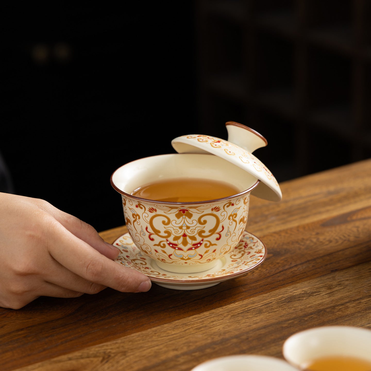 Chinese Beige Floral Ceramic Gongfu Tea Set with Wooden Gift Box