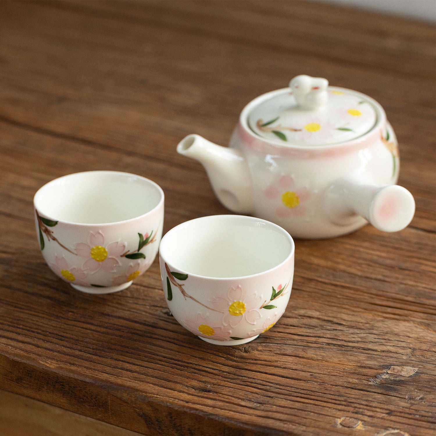 Japanese Rabbit Cherry Blossom Ceramic Kyusu Tea Set