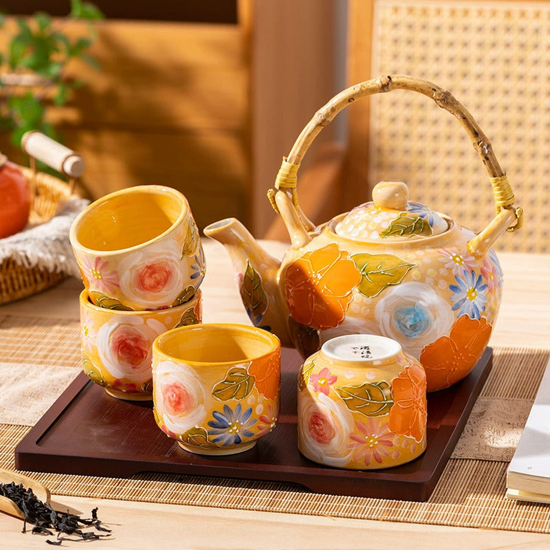 Japanese Floral Ceramic Tea Set with Bamboo Handle & Wooden Tray