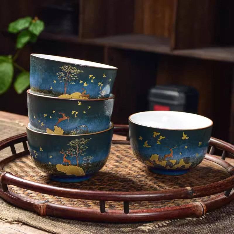 Chinese Blue Glaze Deer Landscape Gongfu Tea Cup Set