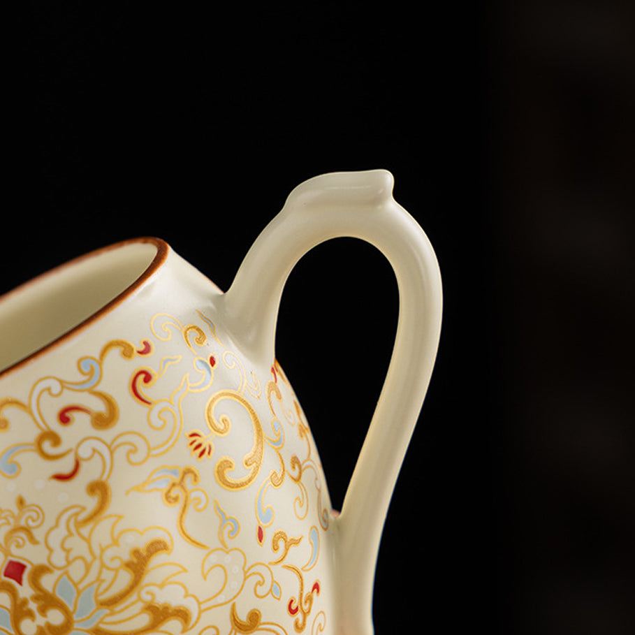 Chinese Beige Floral Ceramic Gongfu Tea Set with Wooden Gift Box